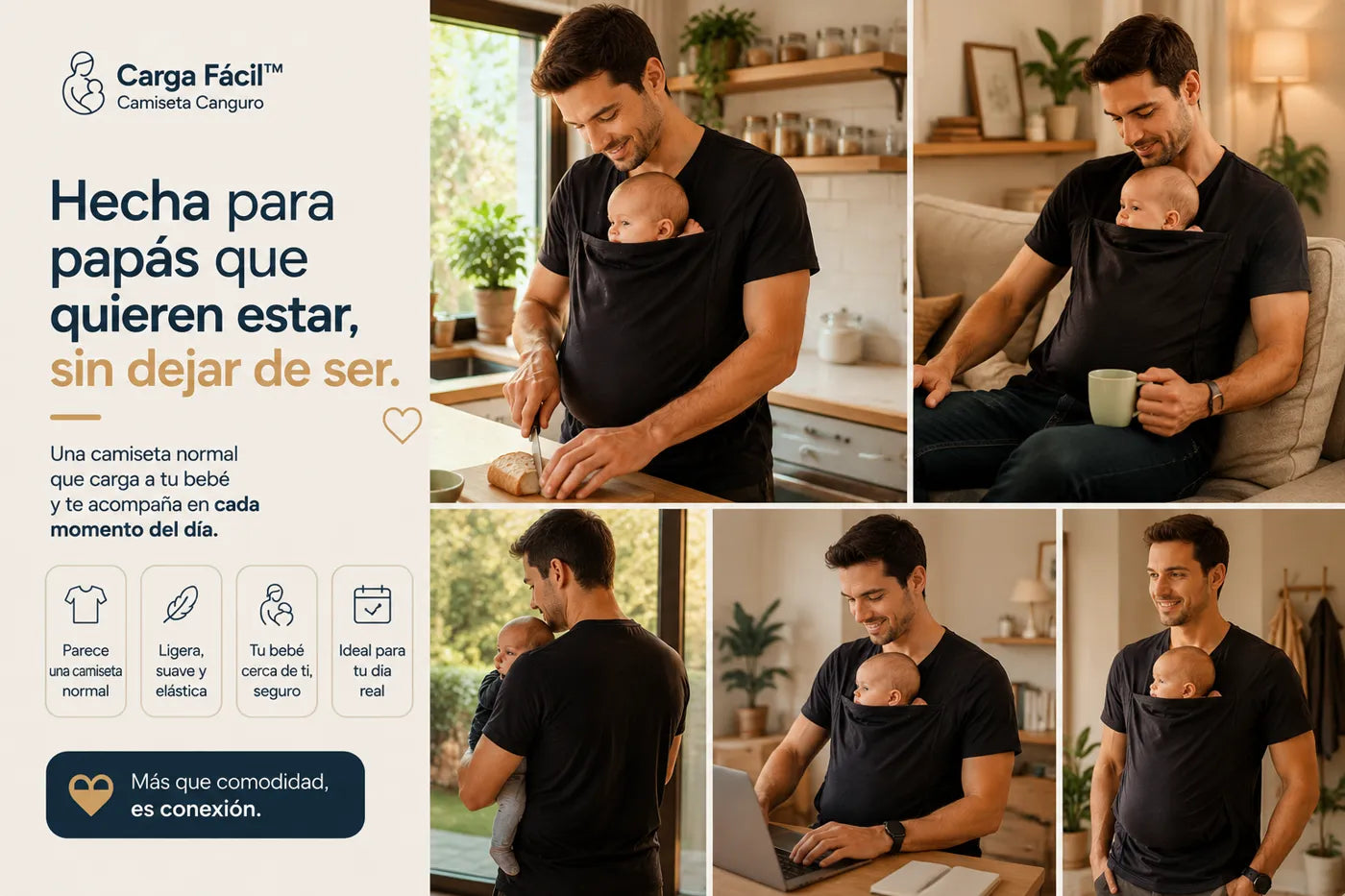 Papá con Carga Fácil color negro cortando pan, collage de uso diario