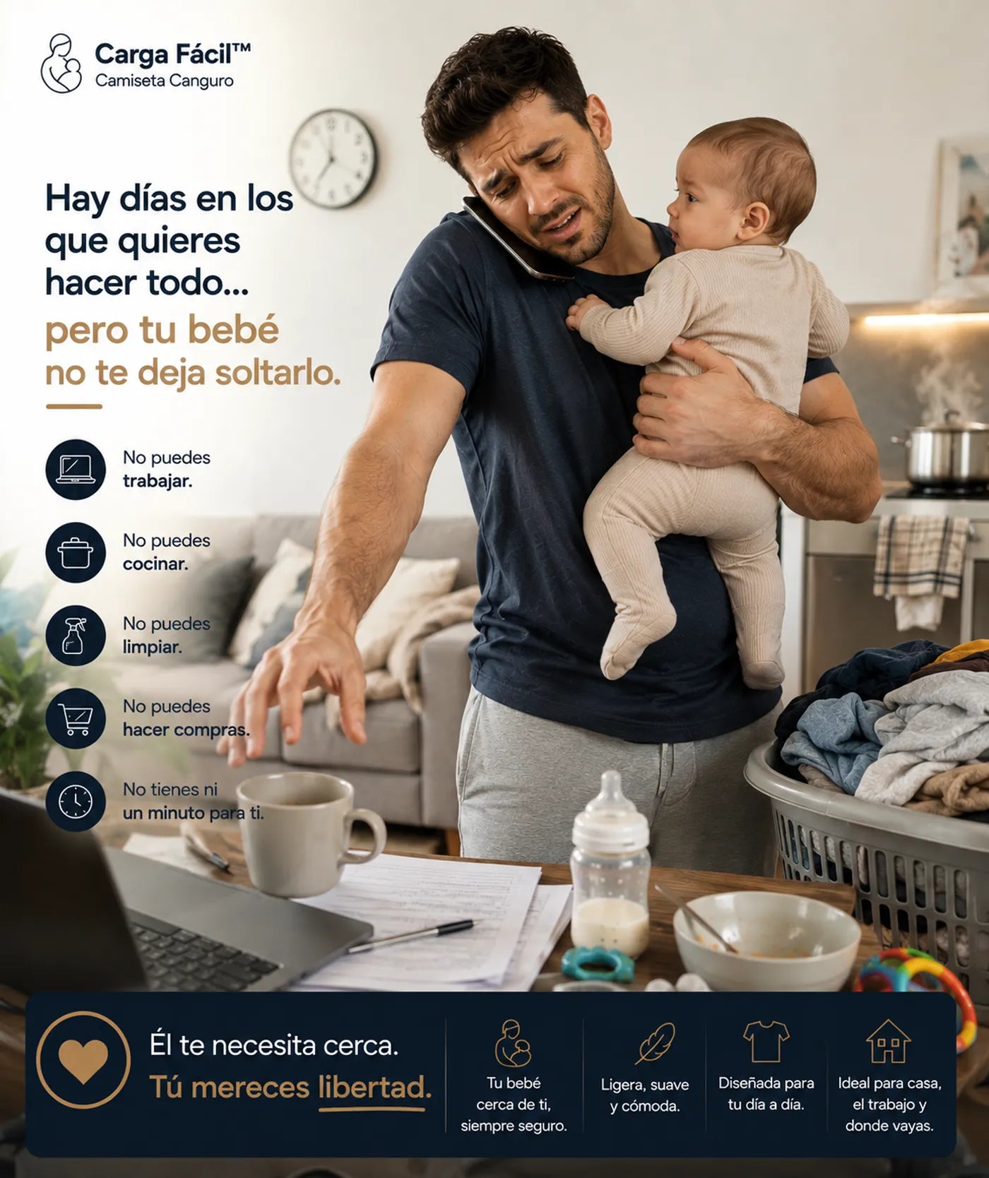Papá con su bebé en brazos, hablando por teléfono, cocina de fondo