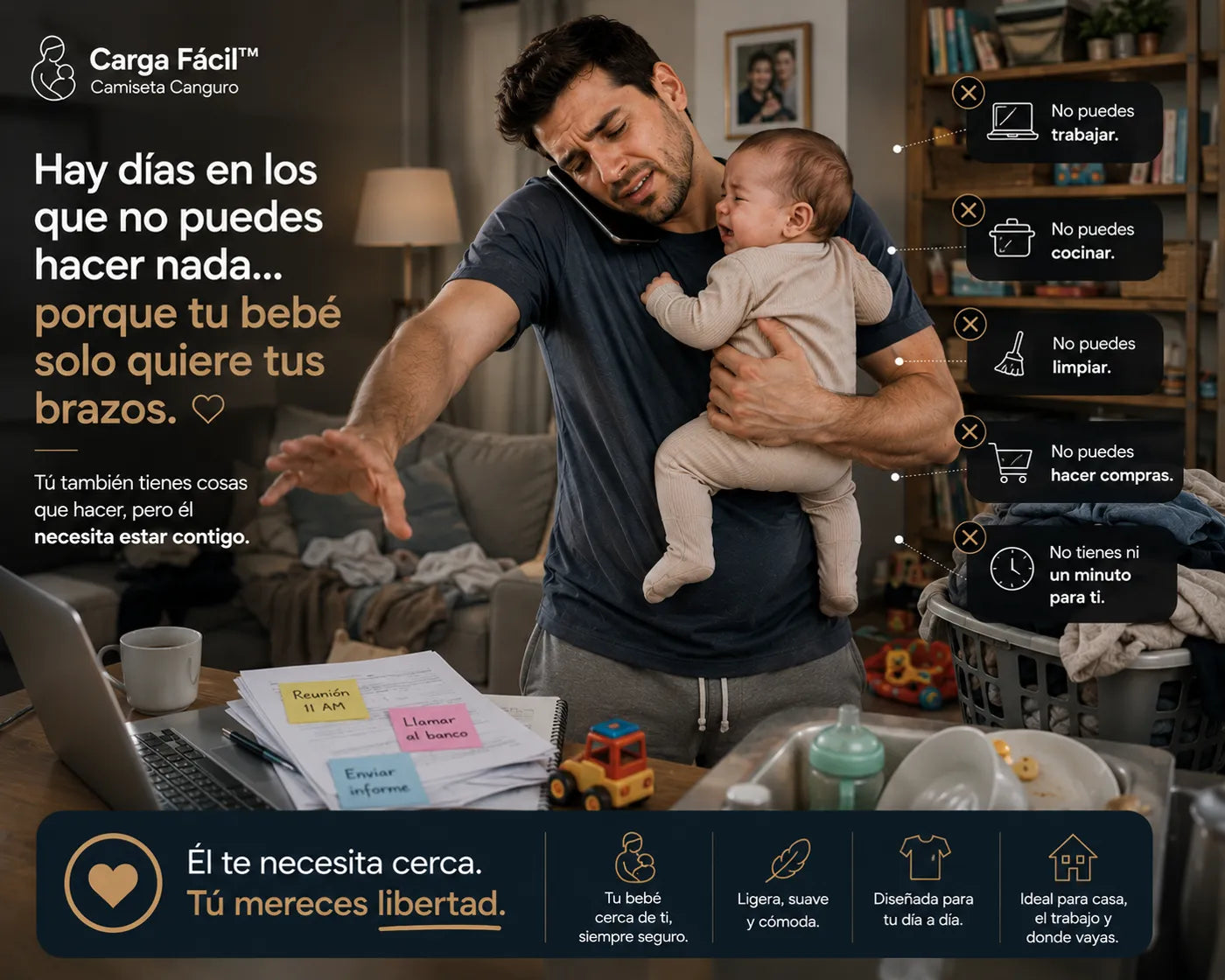 Papá con su bebé llorando en brazos, cocina desordenada