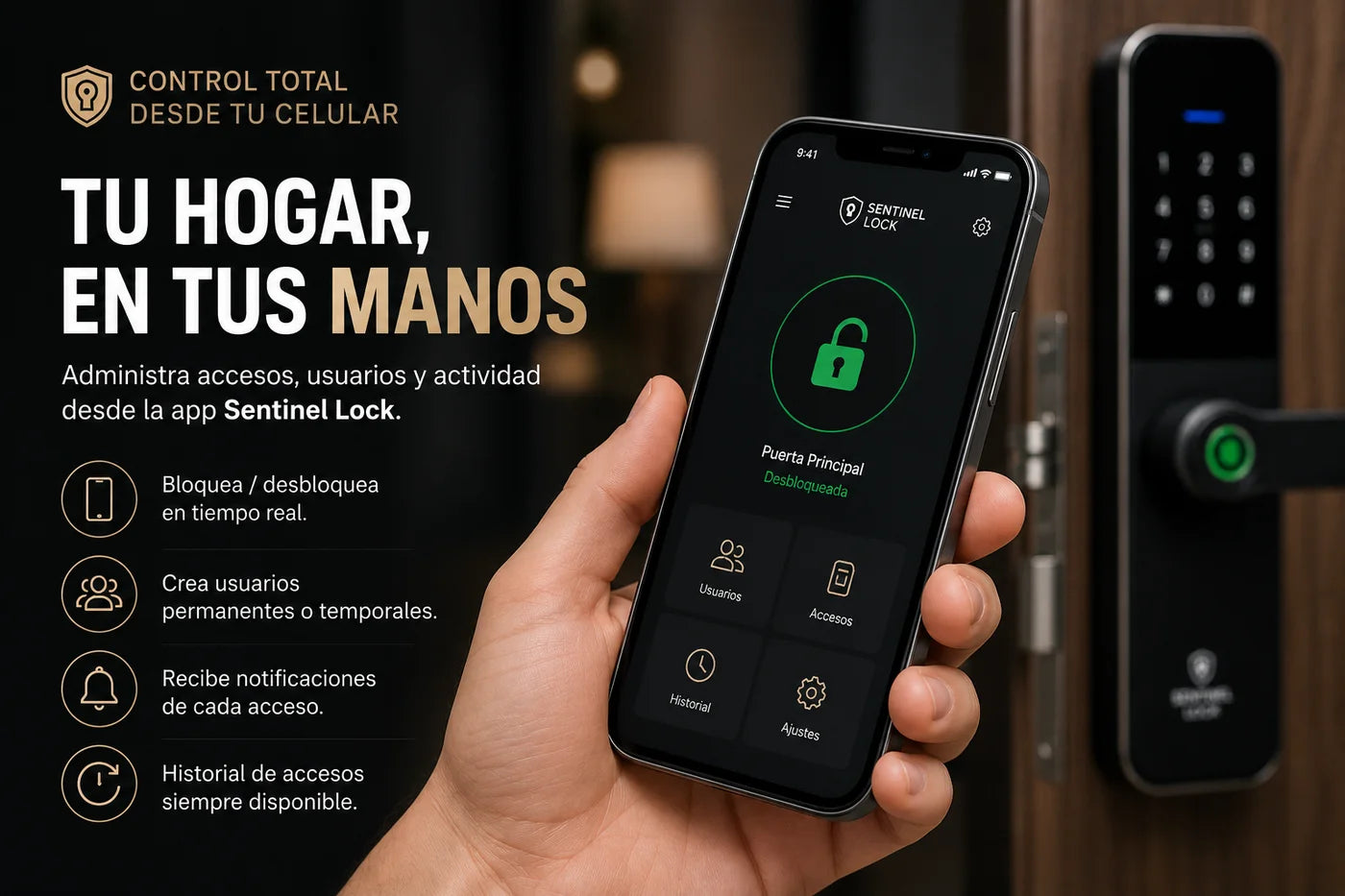 App de Sentinel Lock abierta en un celular, controlando el cierre de la puerta principal a distancia