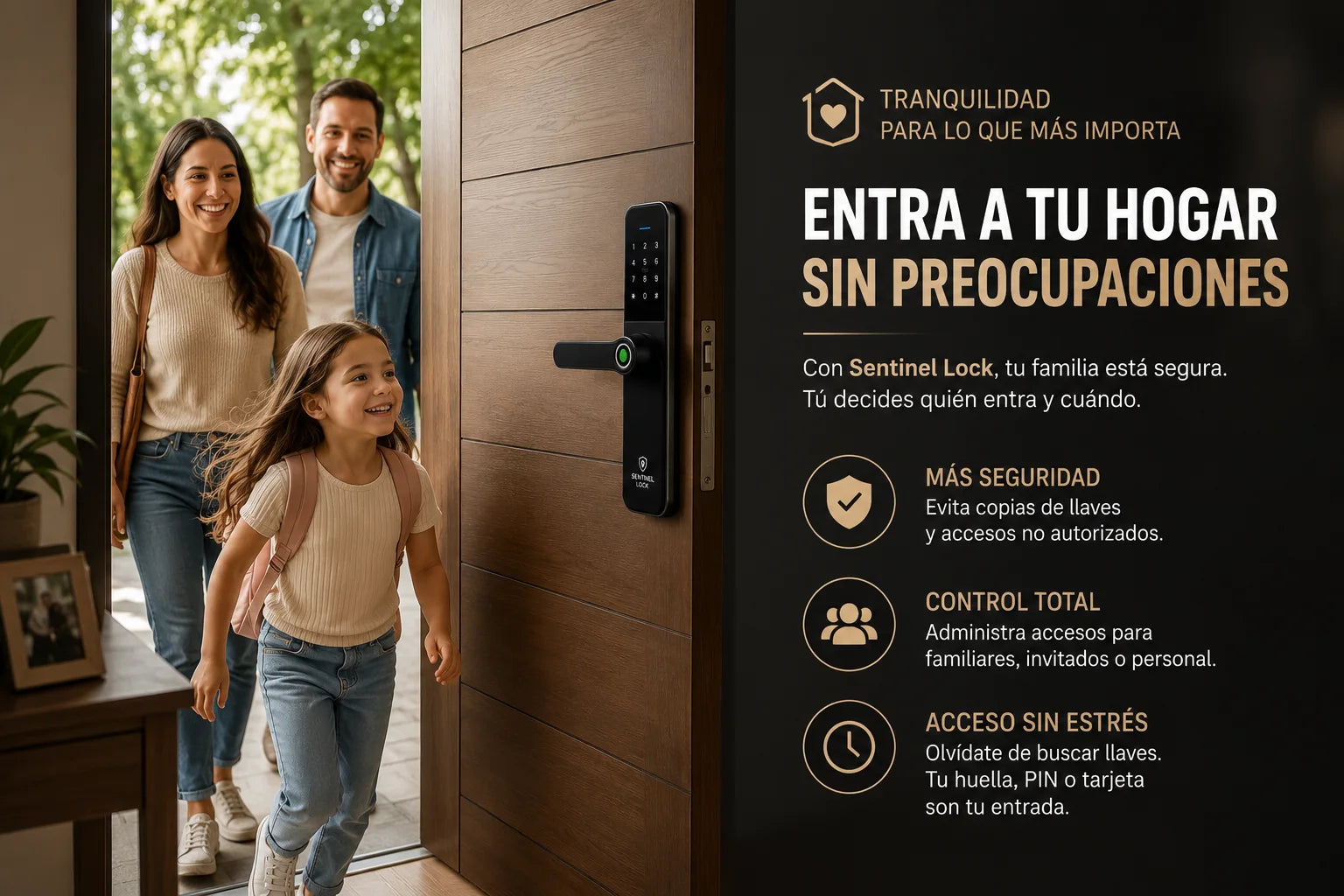 Familia entrando por la puerta principal de su casa con Sentinel Lock instalada, tranquilidad y seguridad