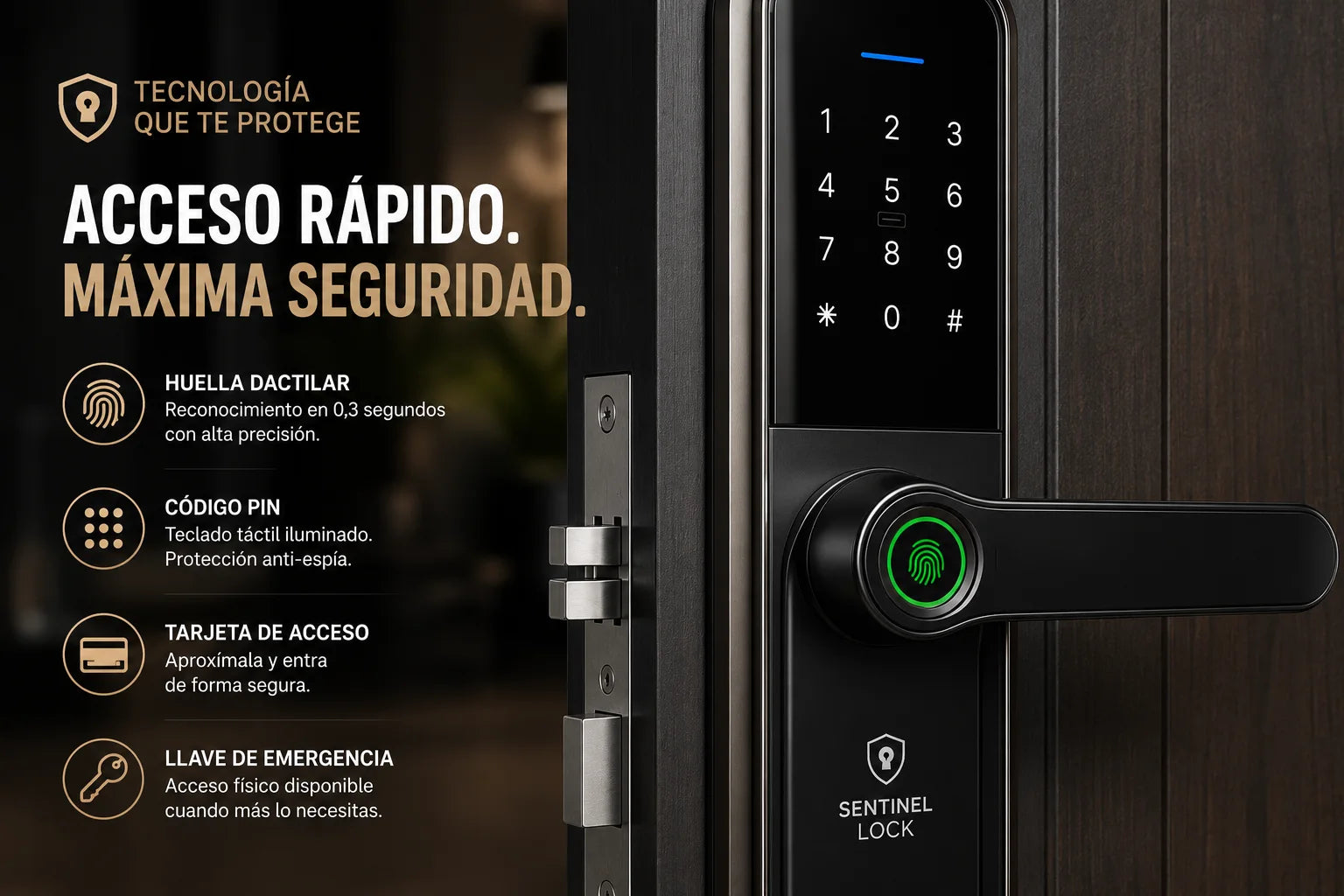 Panel real de Sentinel Lock con teclado táctil y anillo de huella iluminado, junto a los 4 métodos de acceso: huella, PIN, tarjeta y llave física