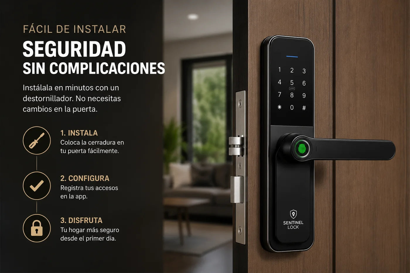Instalación de Sentinel Lock en 3 pasos: instala, configura en la app y disfruta — cerradura montada en una puerta de madera