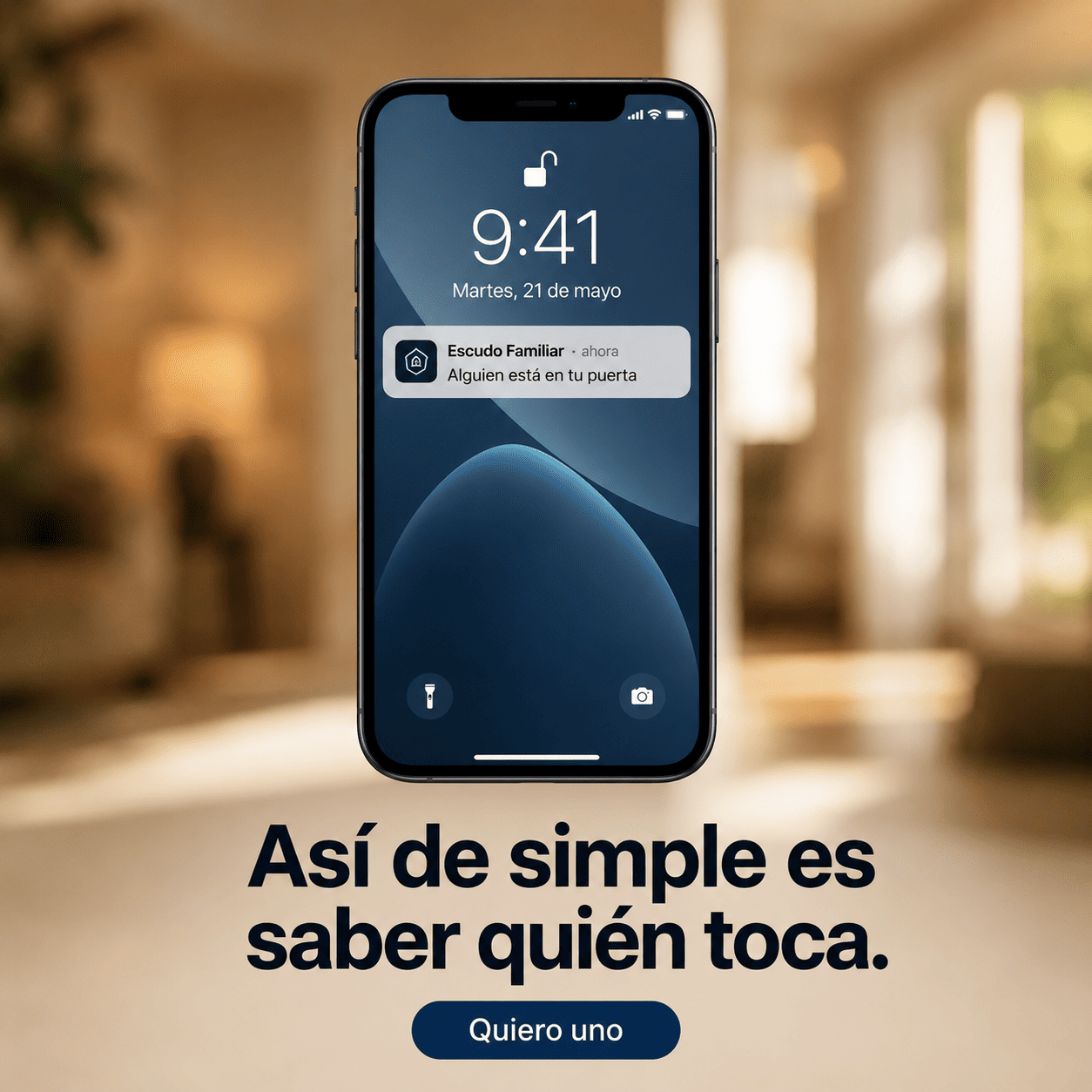 Ring Cámara instalado junto a una puerta, mostrando la notificación en el celular