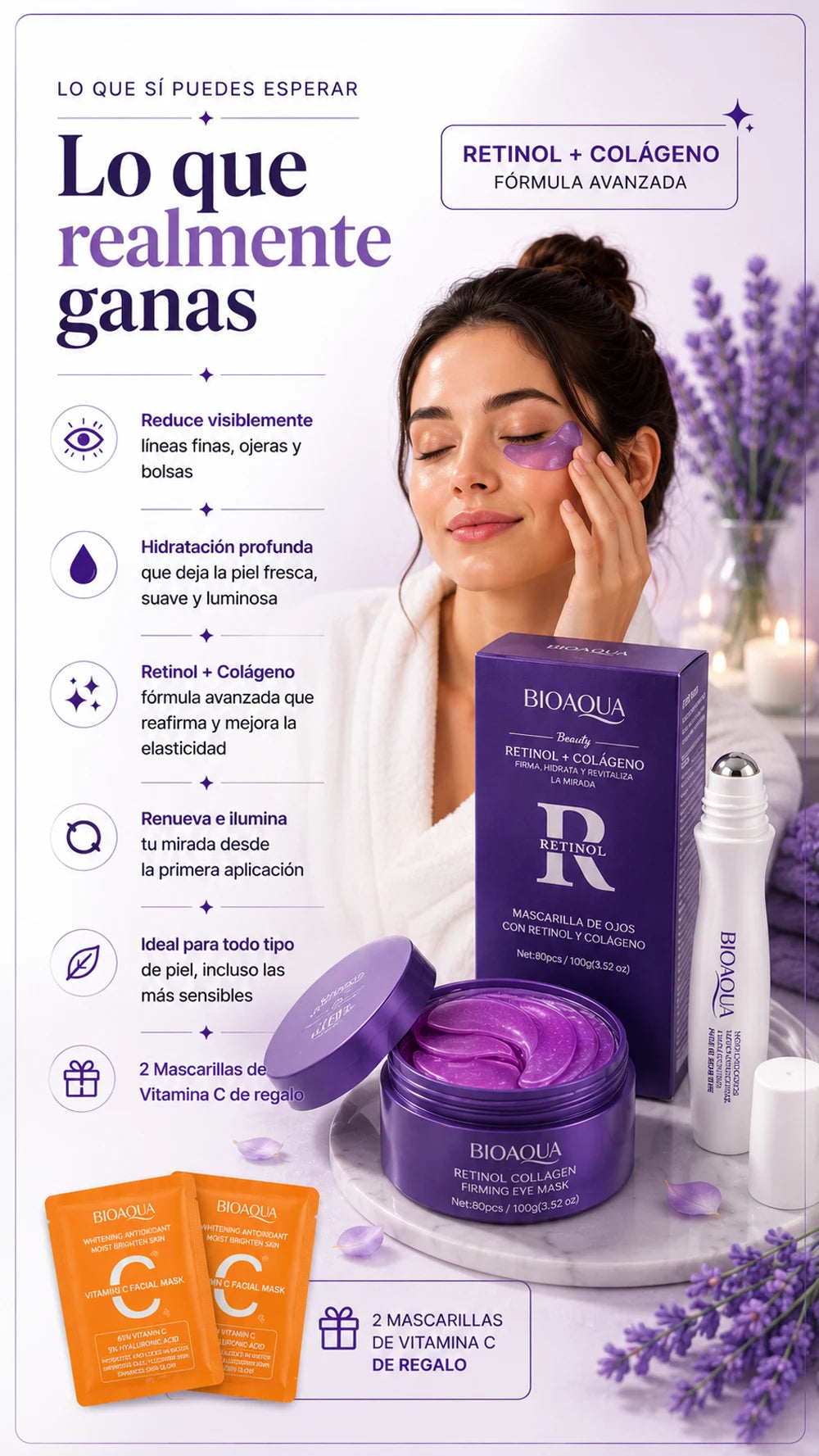 Lo que realmente ganas: reduce la hinchazón matutina, hidratación y frescura inmediata, rutina rápida, pensado para la piel delicada del contorno de ojos, con 2 mascarillas de Vitamina C de regalo