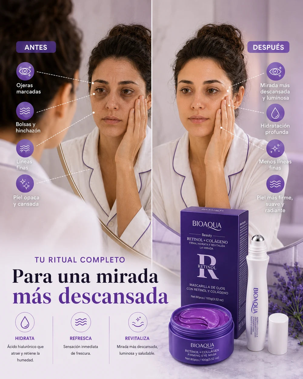 Mujer observando su reflejo en el espejo del baño por la mañana, con expresión de cansancio en la mirada
