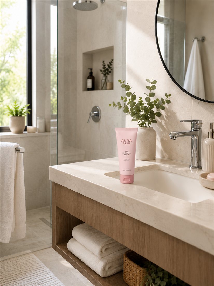 Aura Skin™ en un baño moderno, listo para tu rutina