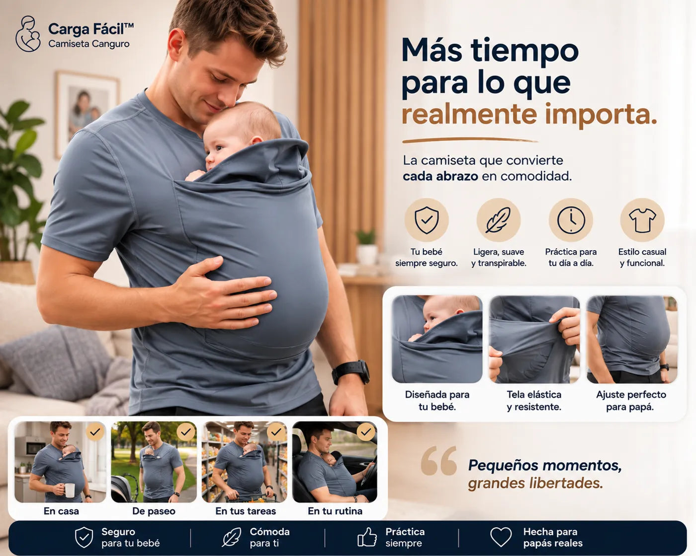 Papá con su bebé en Carga Fácil, collage de momentos de uso diario
