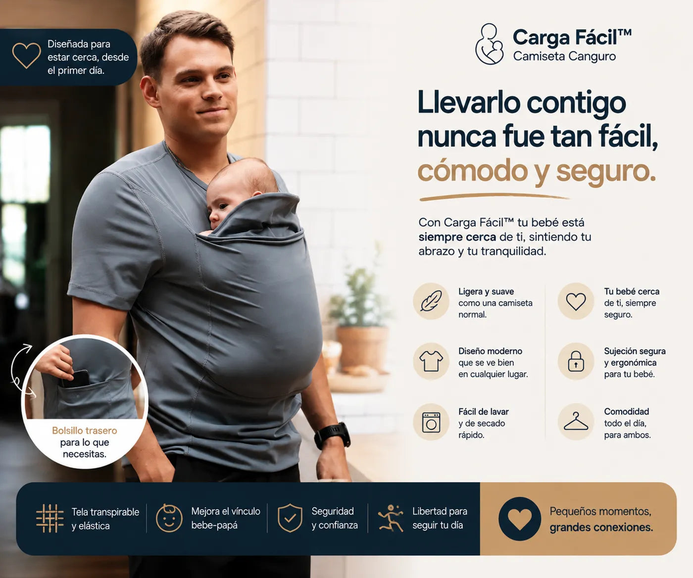 Detalle del bolsillo trasero de Carga Fácil y su tela lycra algodón