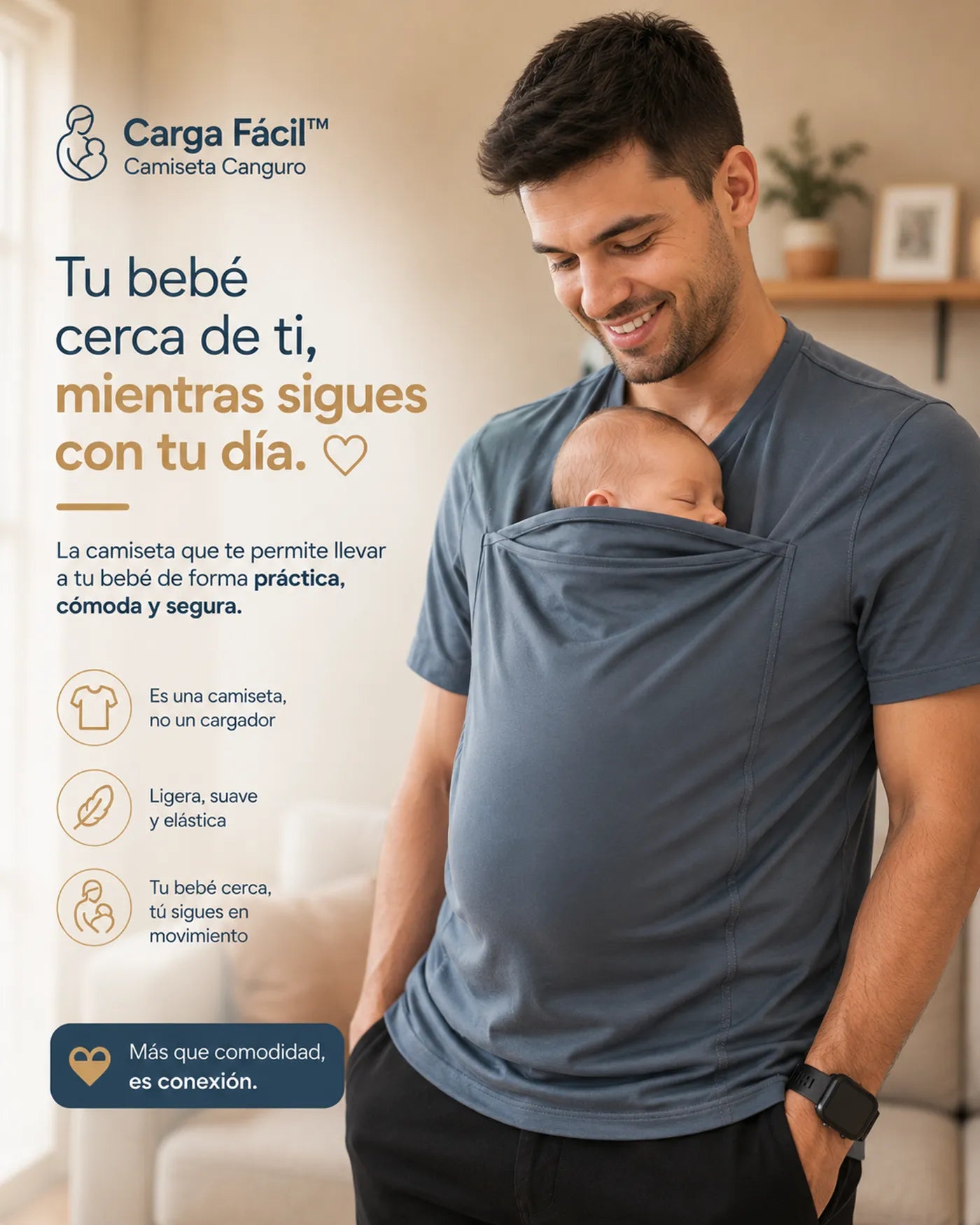 Papá cargando a su bebé con Carga Fácil, la camiseta canguro portabebé