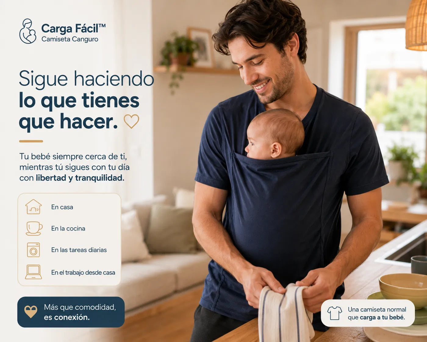 Papá secando un plato en la cocina con su bebé cerca en Carga Fácil