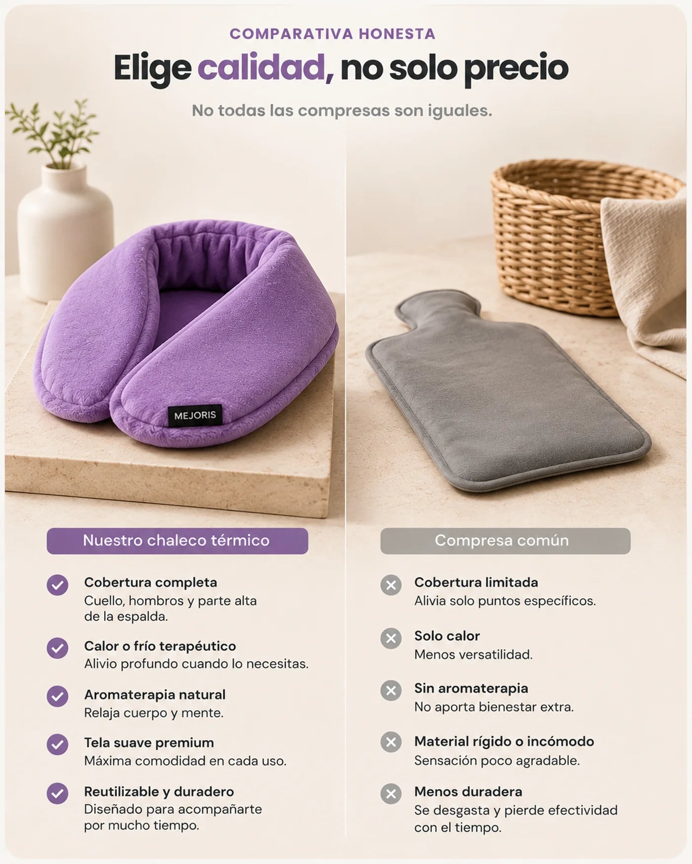 Comparativa honesta: chaleco térmico Mejoris vs. una compresa común — cobertura, calor y frío terapéutico, aromaterapia, tela premium y durabilidad