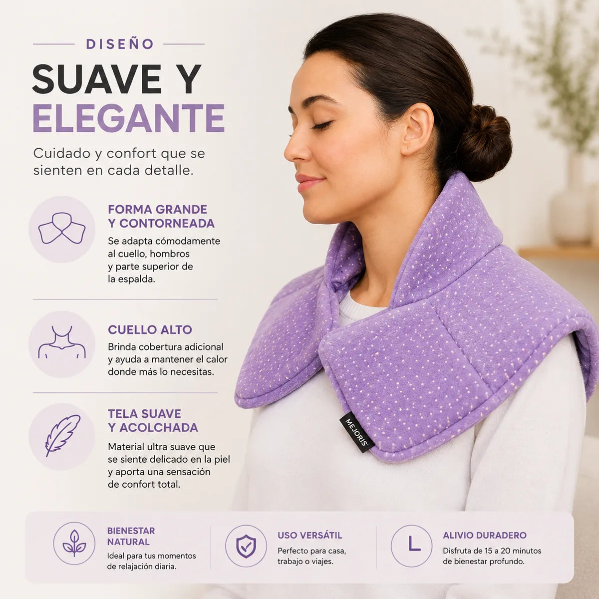Lo que realmente ganas: alivio de la tensión muscular de cuello y hombros, mejor circulación con el calor, alivio de tensión aguda con el frío, portátil sin electricidad, aromaterapia para un momento de calma