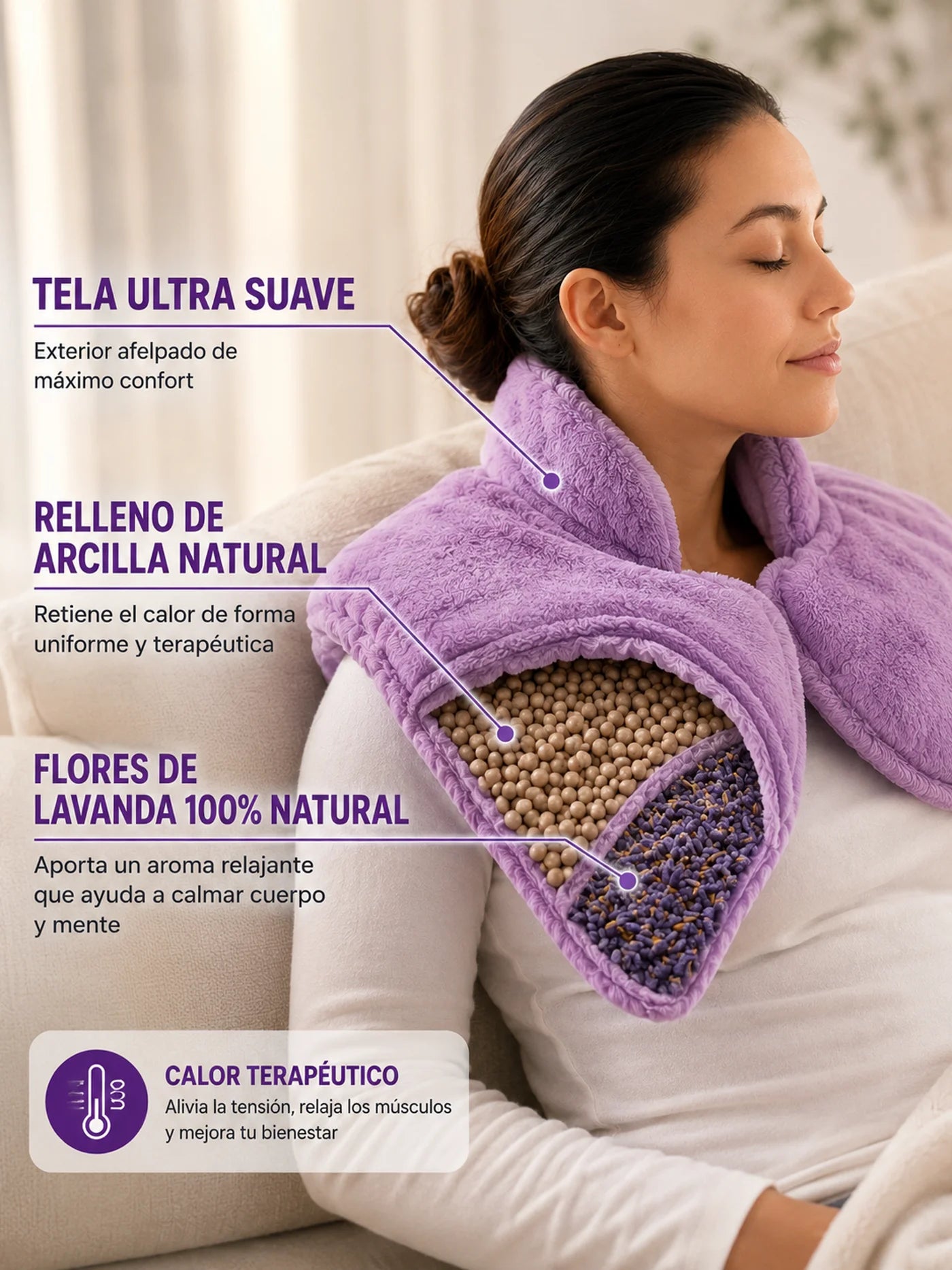 Corte transversal del Chaleco de Aromaterapia mostrando su relleno interior y tela exterior ultra suave