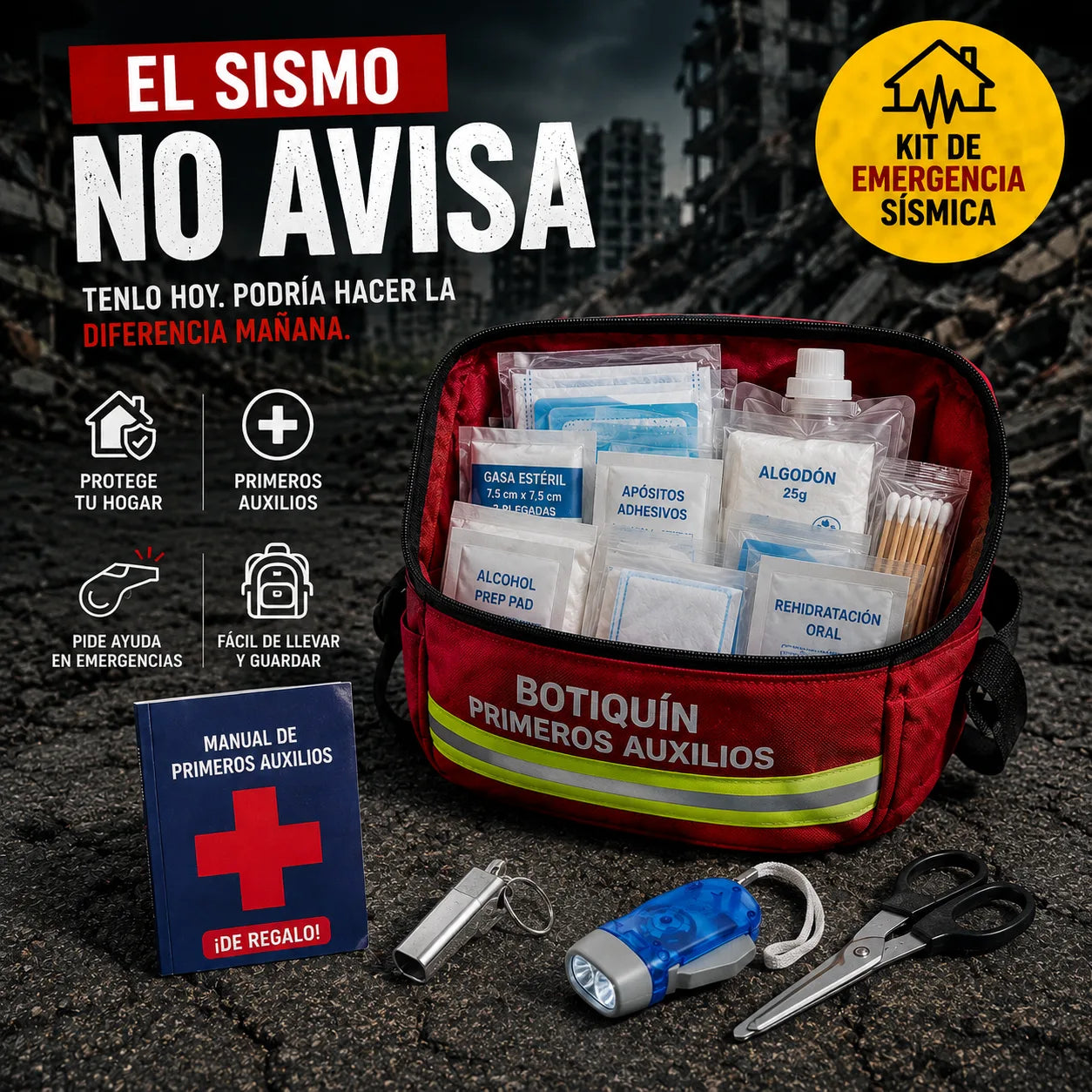 Kit de Emergencia Sísmica — contenido real del kit