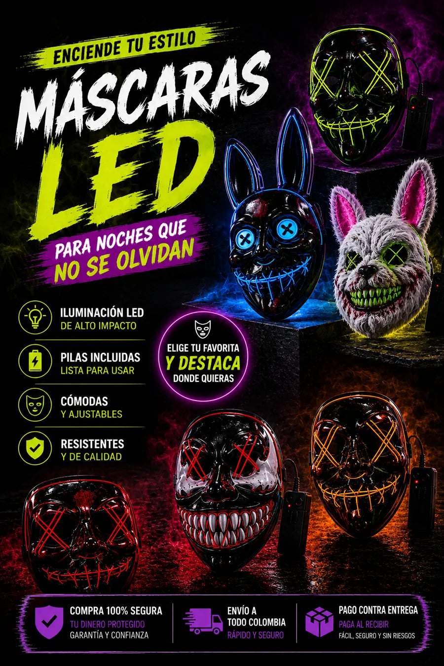 Máscaras LED de Terror — variedad de diseños disponibles
