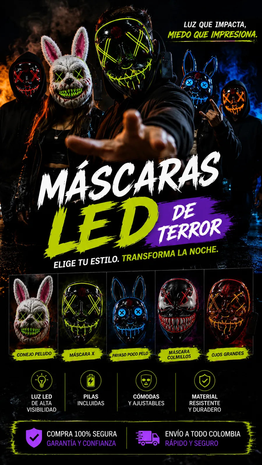 Diseños disponibles: Conejo Peludo, Mascara X, Payaso Poco Pelo, Mascara Colmillos, Ojos Grandes