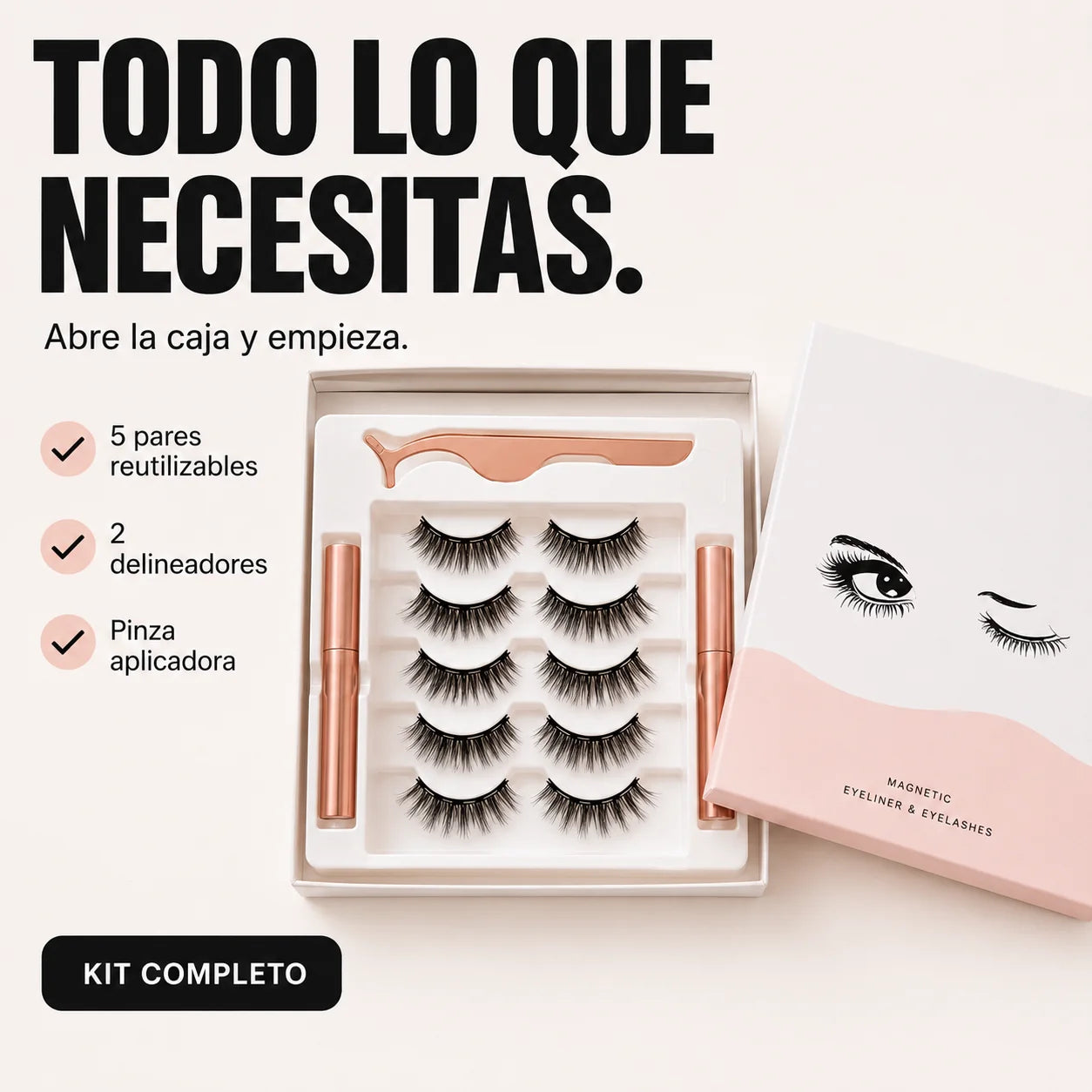 Kit completo: 5 pares de pestañas magnéticas, 2 delineadores y pinza aplicadora