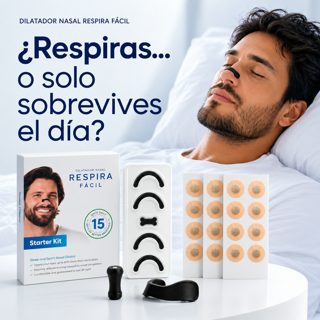 Hombre descansando con el dilatador nasal Respira Fácil puesto