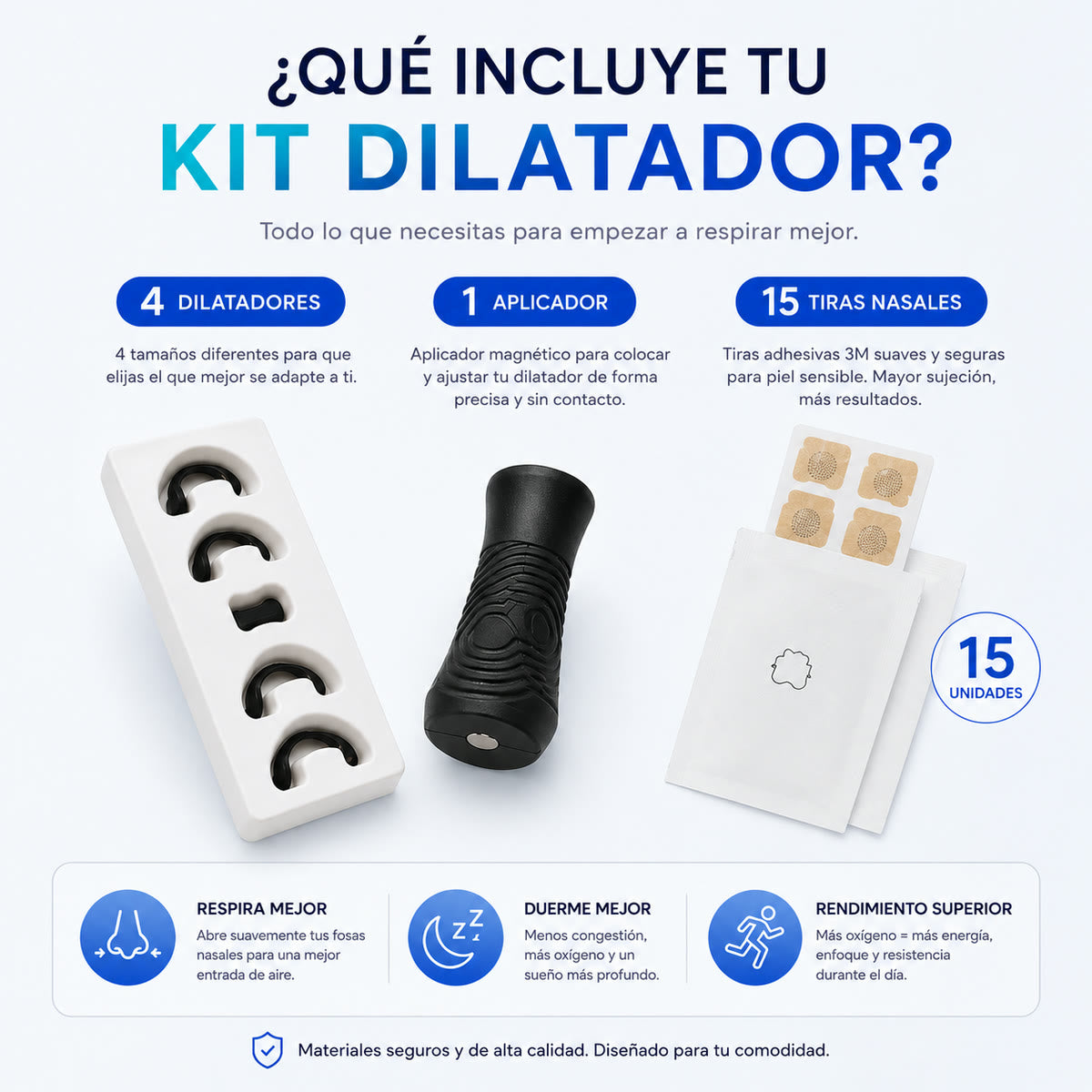 Qué incluye el kit dilatador Respira Fácil: 4 dilatadores, 1 aplicador y 15 tiras nasales