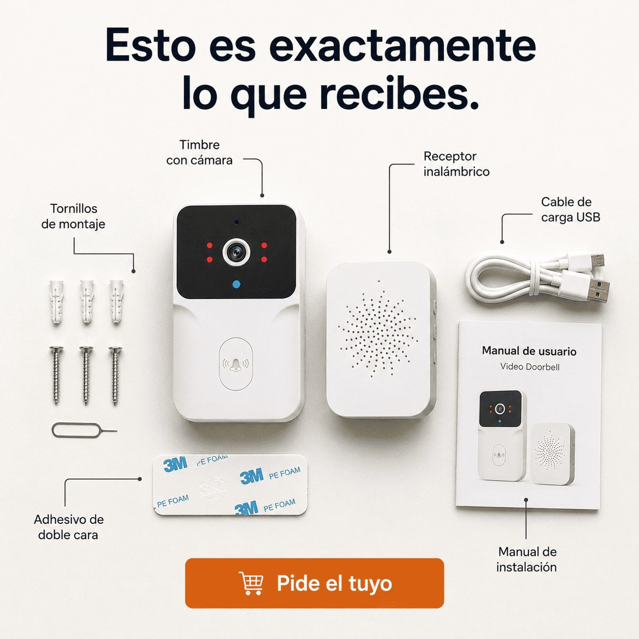 Todo lo que incluye la caja de Ring Cámara: timbre con cámara, receptor inalámbrico, tornillos, adhesivo de doble cara, cable USB y manuales