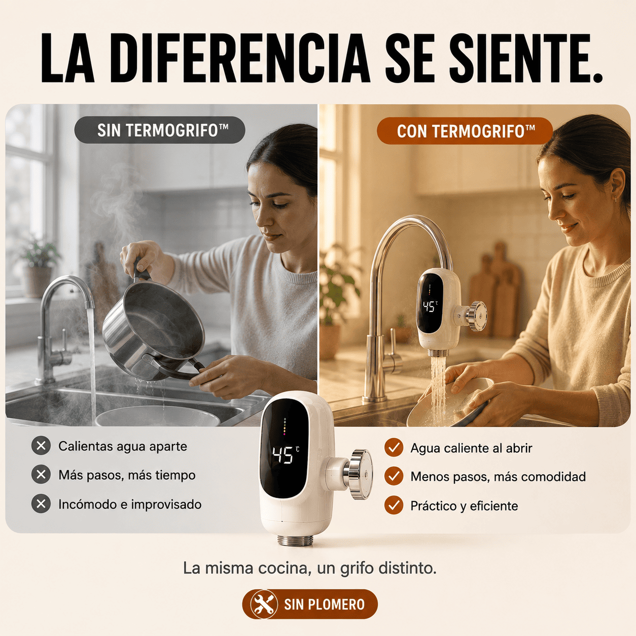 Comparativa: la misma cocina, un grifo distinto — sin TERMOGRIFO™ (agua fría, más pasos) vs. con TERMOGRIFO™ (agua caliente al abrir, sin plomero)